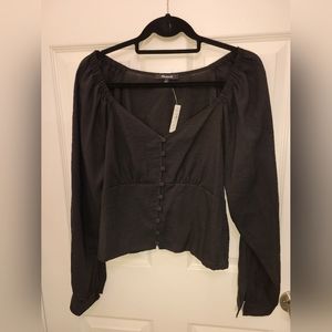 Madewell Preston Puff Sleeve Black Top Blouse New With Tags size Large